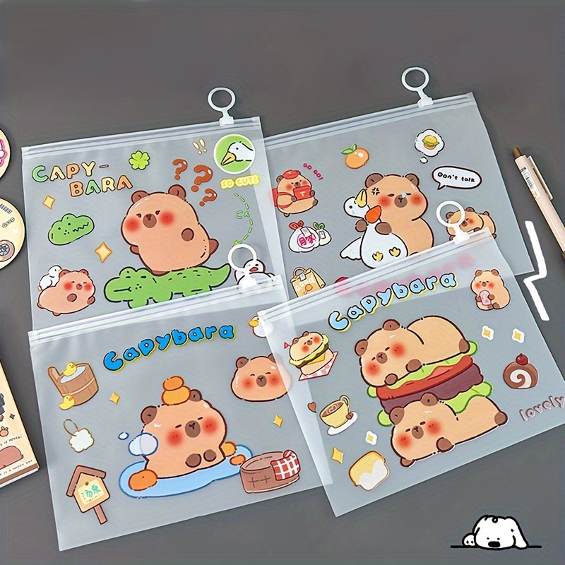 

21x17cm A5 Cartoon Capybara Transparent Waterproof File Bags With Grips - School/office Supplies