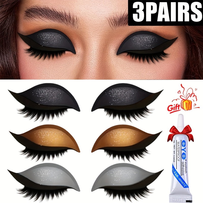 TEMU 3 Pairs Lazy Eyeshadow Stickers, (free Eyelash Glue)3-in-1 Self-adhesive Reusable Fast Eye Makeup Stickers With False Lashes, Shadow, Eyeliner