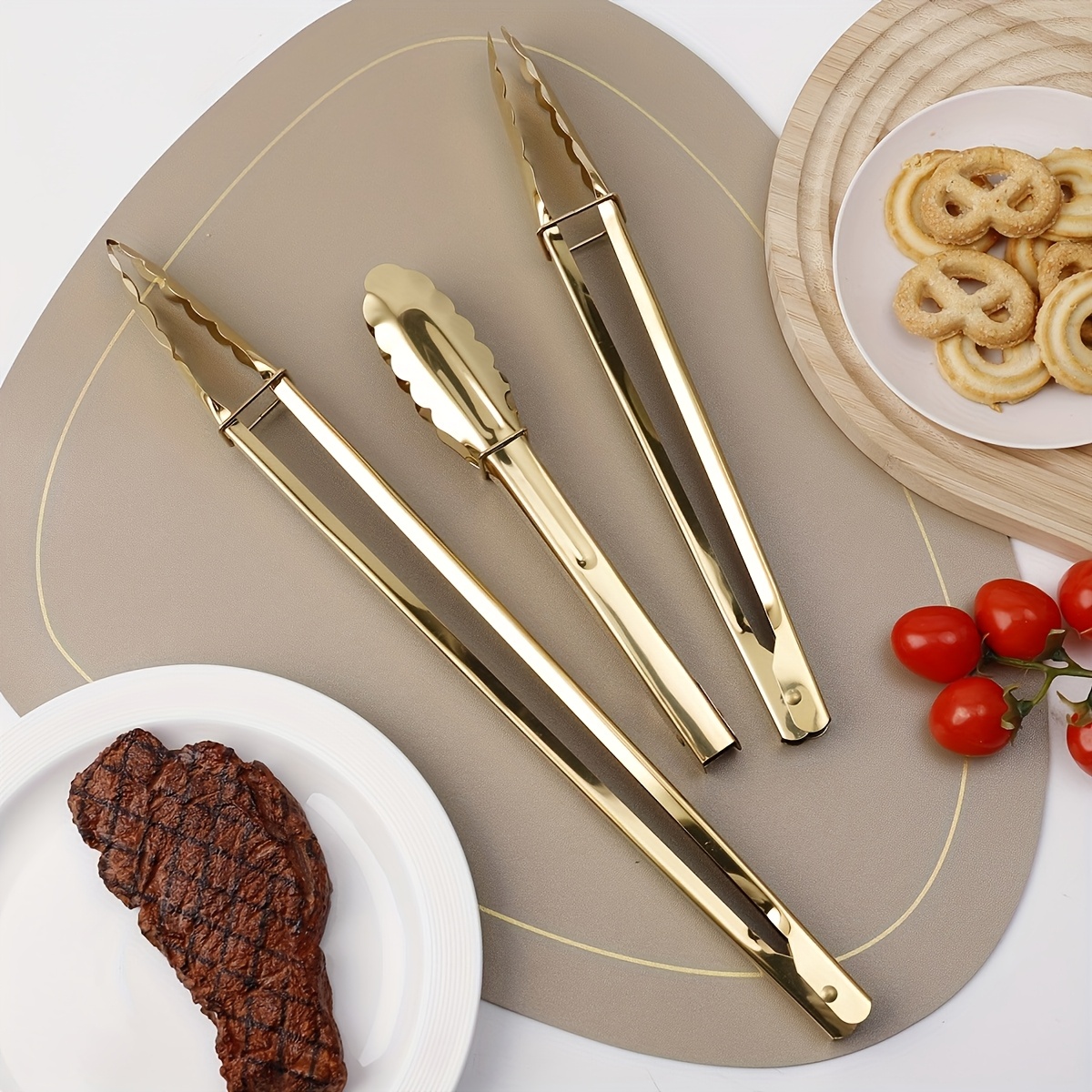 1pc/3pcs Cooking Tongs, Kitchen Tongs, High Heat Resistant Locking Tongs, Heavy Duty, Good Grip, Elegant Gold Plated Stainless Steel Serving Tongs - Perfect for Salad, Bread And Buffet - Durable Kitchen Additions, Eid Ramadan Kitchen Essentials