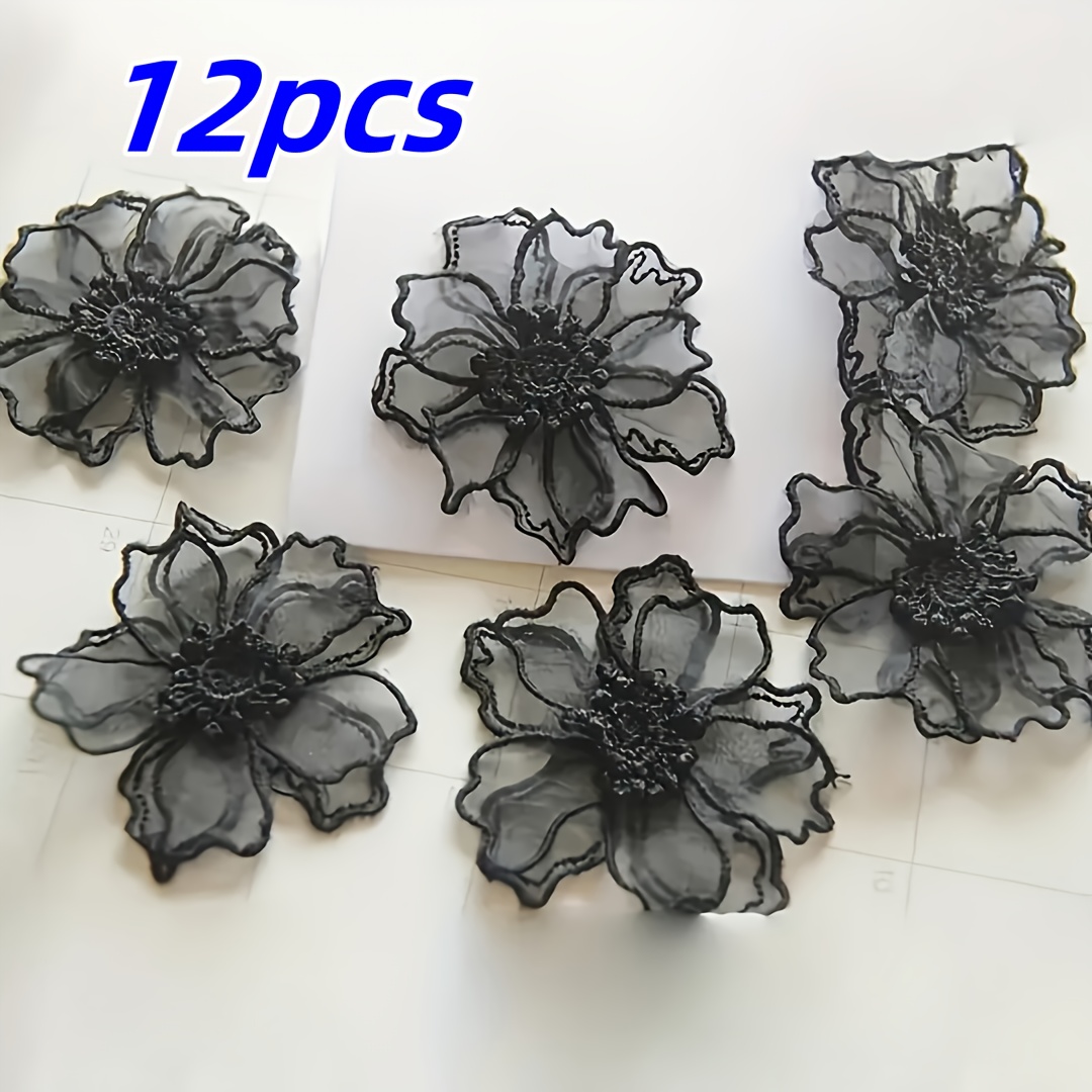 E-shop Set mit 12 anspruchsvollen, doppellagigen Organza-Blumenapplikationen, mit schwarzen Blumendesigns, dreidimensionalen Spitzendetails für
