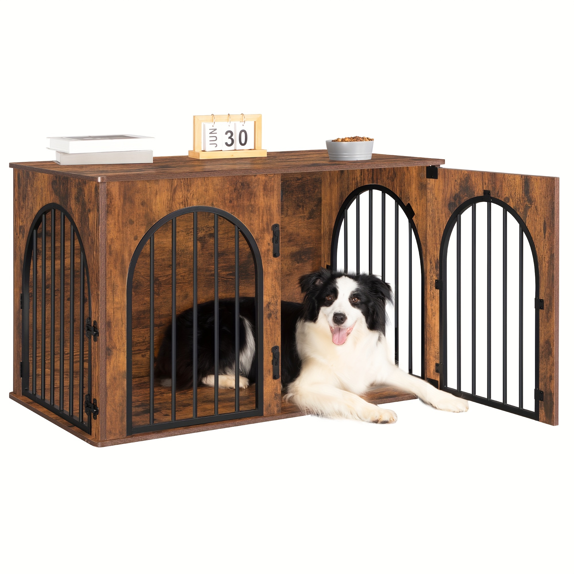 Image of Dog Crate, Side Table, Modern Indoor Dog House, Medium Dog Cage, Pet House, 3 Doors, Arched Door, 100 X 60 Cm, Rustic Brown/light Ivory/black Golden