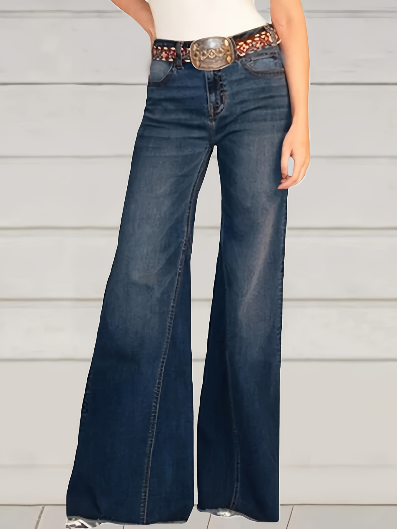 Women'S High-Waist Stretch Denim Flare Jeans - Casual Bootcut Wide Leg with Raw Hem, No Belt, Zipper Fly & Half-Placket, All-Season Comfort Fit, High Waisted Jeans, Comfortable Fashion, Durable Fabric