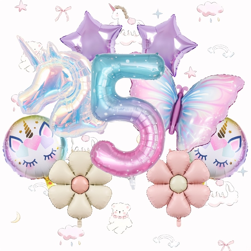 Image of 9pcs Unicorn Daisy Star Number 1-9 Balloon Set, Suitable For Unicorn Themed Birthday Parties, Anniversaries, Gatherings, Party Decorations, For Halloween, Christmas