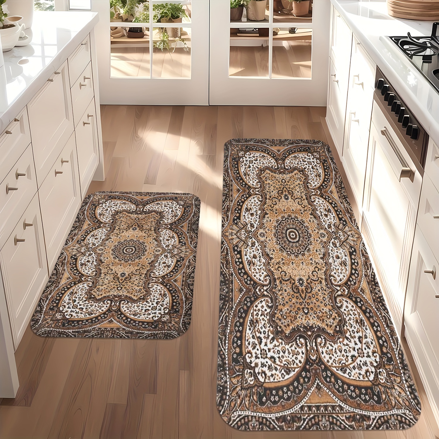 

Bohemian Geometric Floral Kitchen Rug Set, Stain Resistant Memory Foam Mat, Soft Cushioned Comfort Runner For Bedroom, Hallway, Bath - Machine Washable Polyester Fiber Rugs, 0.47-inch Thick Flannel