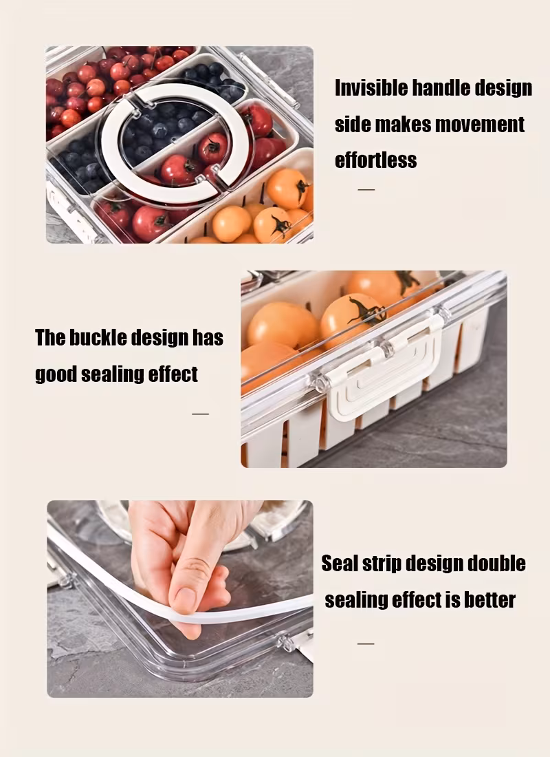 1pc stackable refrigerator storage box with lid and drain basket 2 4 transparent compartments reusable produce saver for and fruits kitchen organizer bin hand wash only plastic material rectangular shape vegetable storage stackable container clear lid feature kitchen organizers and storage details 4