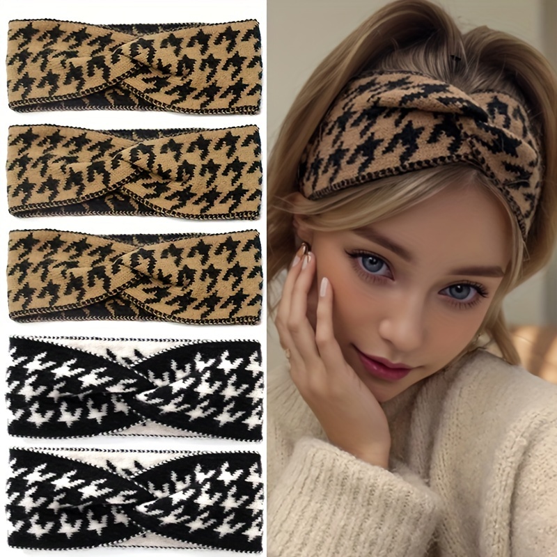 

2pcs Elegant Vintage Knit Houndstooth Headbands For Women - Wide, Elastic Knot Hair Bands For Autumn & Winter | Perfect For Back To School, , Christmas, Valentine's Day Gifts