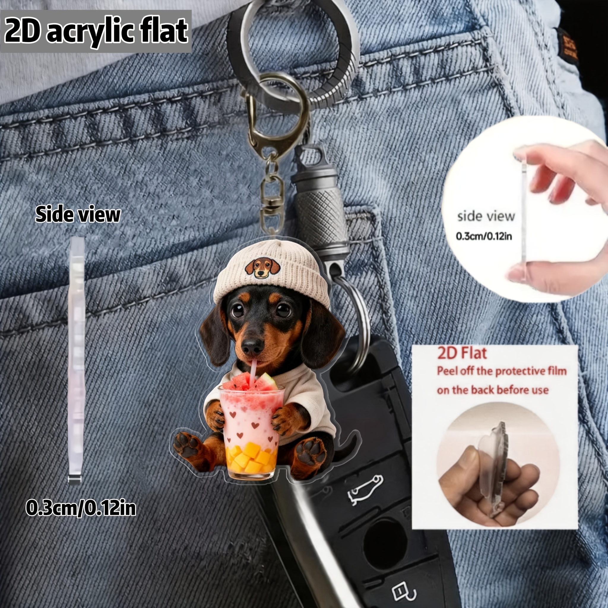 Cute Dachshund Drinking Juice Design Keychain, Fun Multi-Functional Decor