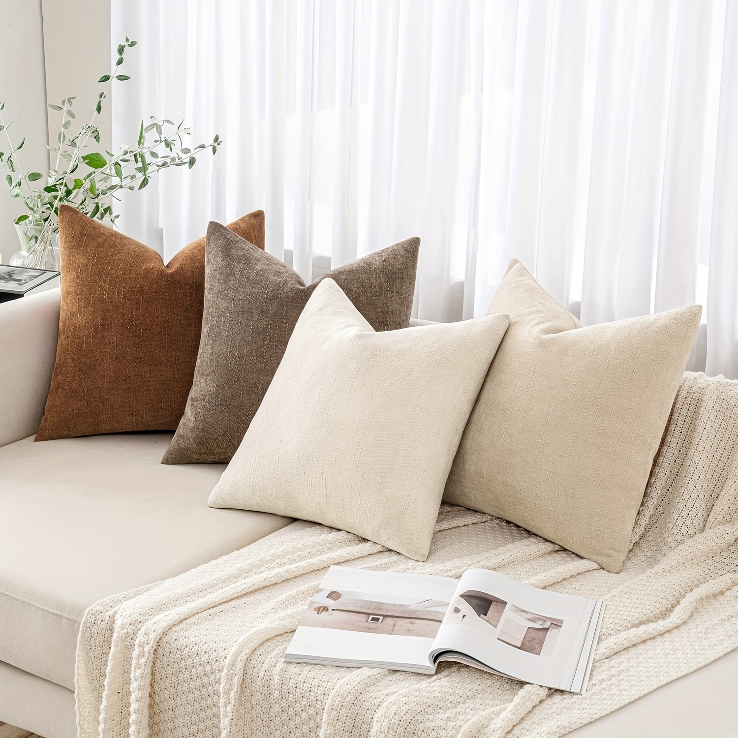 TEMU Pack Of 4 Neutral Decorative Pillowcase, Chenille Textured Pillowcase Cushion Cover, Soft And Comfortable Farmhouse Pillowcase With Zipper Gift,