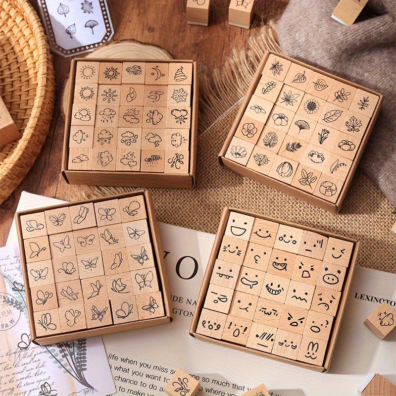 

50pcs Whimsical Wooden Stamp Set - Weather, Emotions, Butterflies & Leaves Designs For Diy Scrapbooking, Crafts & Stationery Scrapbooking Embellishments Stamps For Crafts