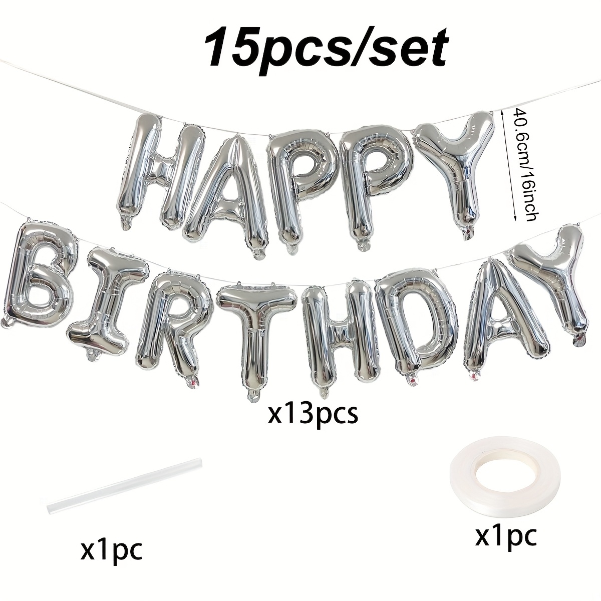 15pcs 16-inch Silvery Letter Balloons, "happy Birthday" Letter Film Balloons, Suitable For Decorating Birthday Parties And Room Decoration, Easy To Create A Atmosphere, For Halloween, Christmas