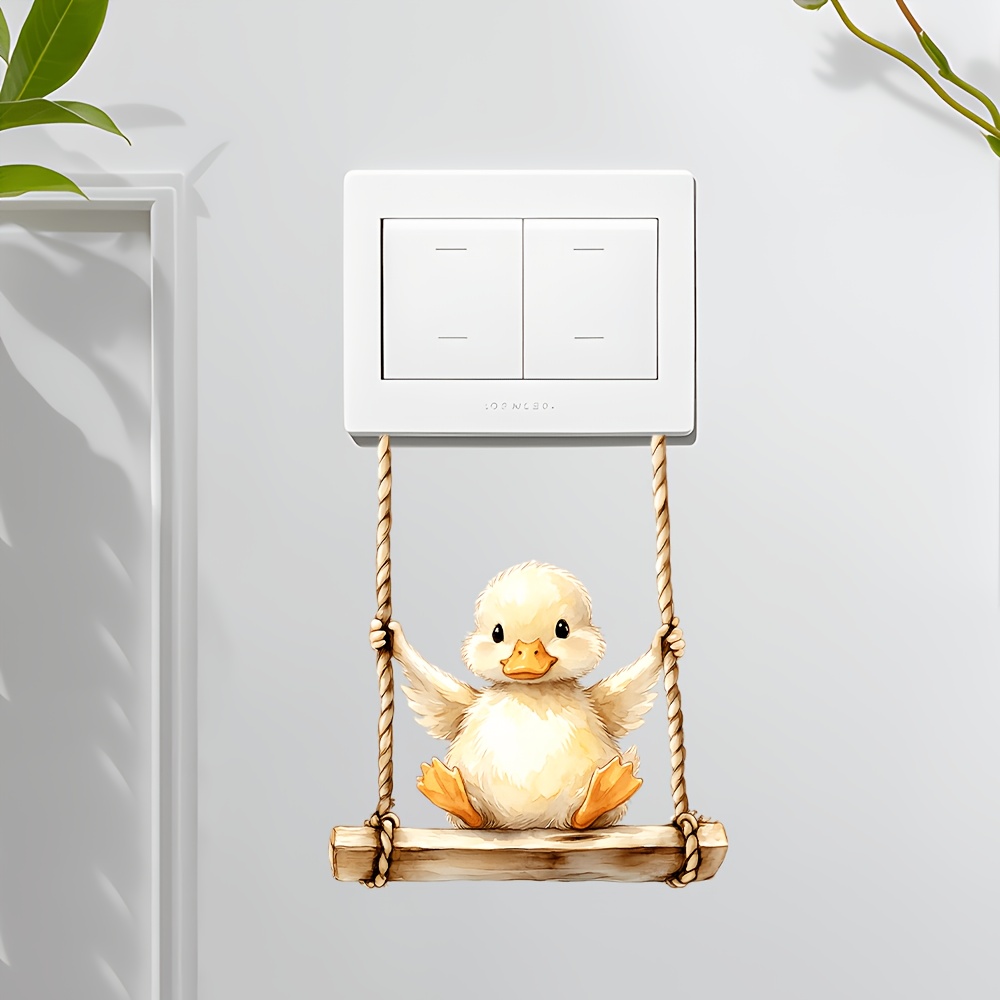 Image of 1 Sheet Self-adhesive Removable Decorative Wall Sticker, Yellow Duck On A Swing Pattern, Decal For Living Room And Bedroom, Home Decor, Waterproof Self-adhesive Removable Decorative Sticker