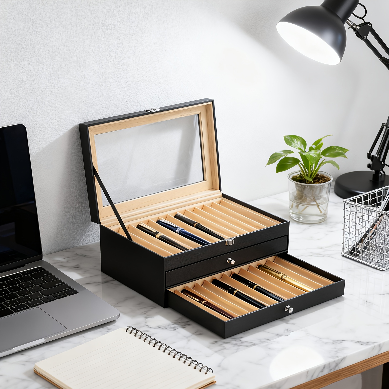 Image of 3-tier Pen Collector Storage Box With Lid & Pull-out Drawers, Slots Fountain Pen Display Case, Desktop Organizer For Fountain & Ballpoint Pen Collection