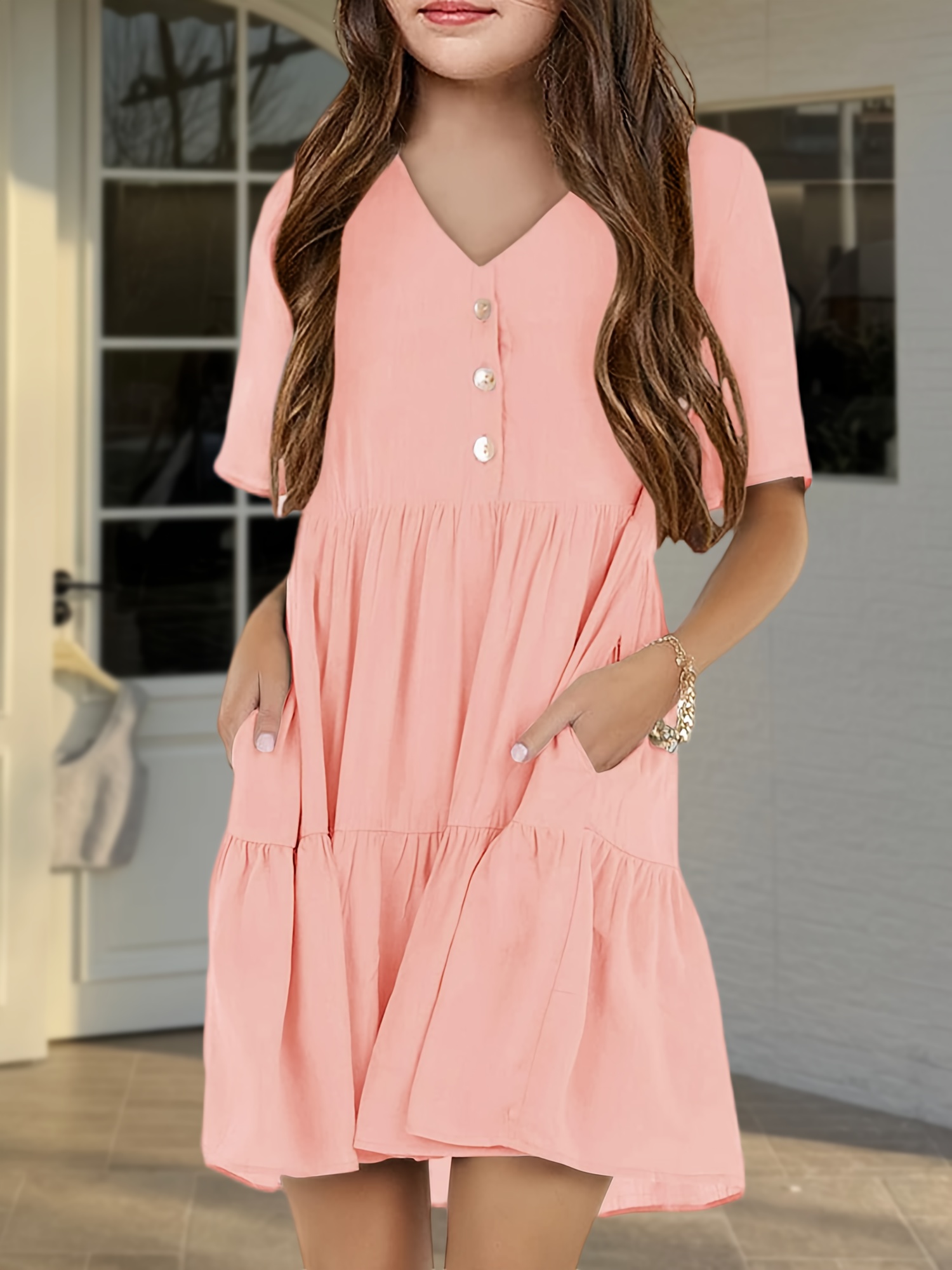 girls ruffle hem mini dress casual summer v neck button - Temu