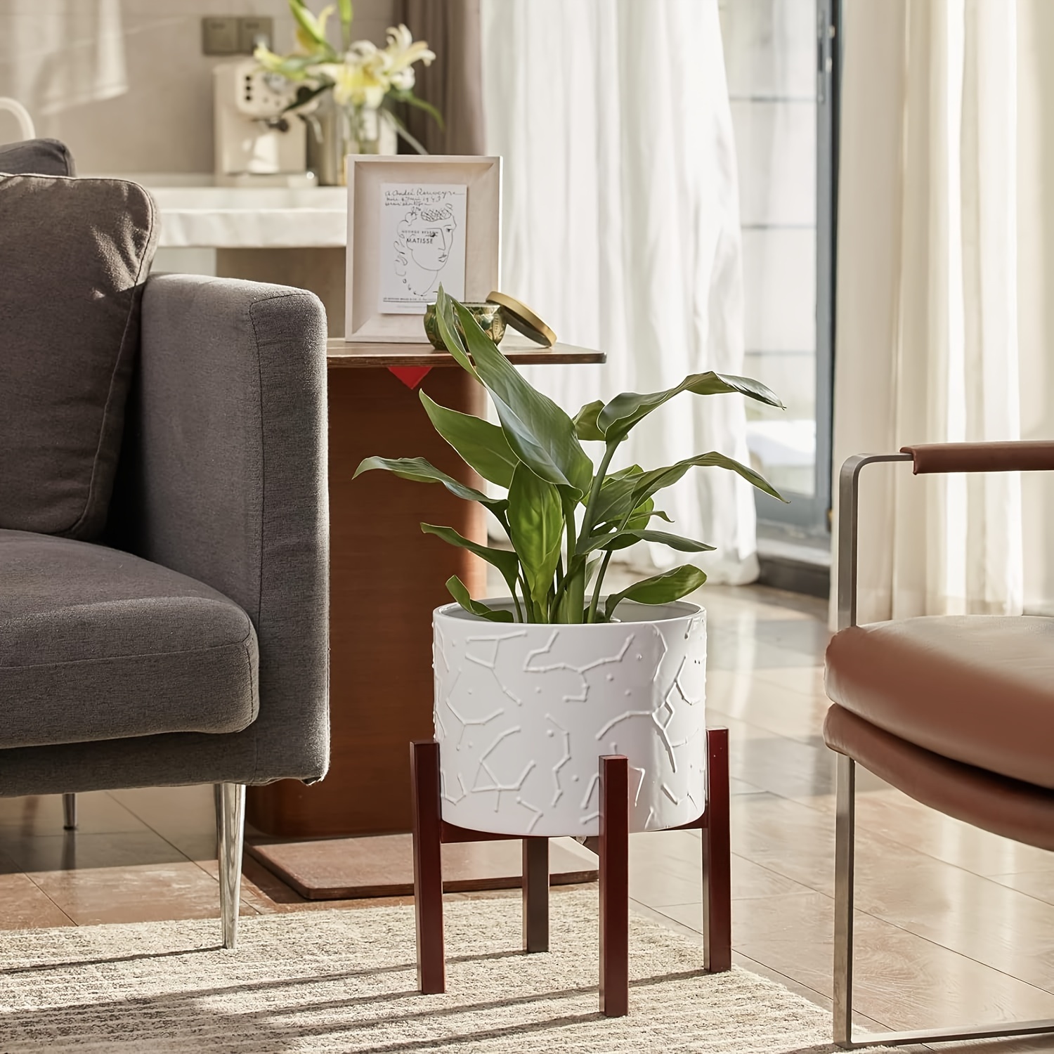 10 inch ceramic planter wooden stand stylish flower pot - Temu