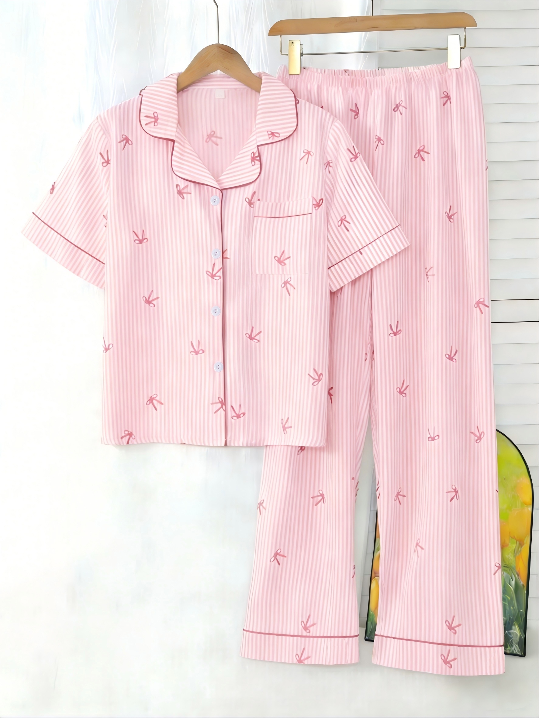 womens pinstripe bow print short sleeve long pants pajama set