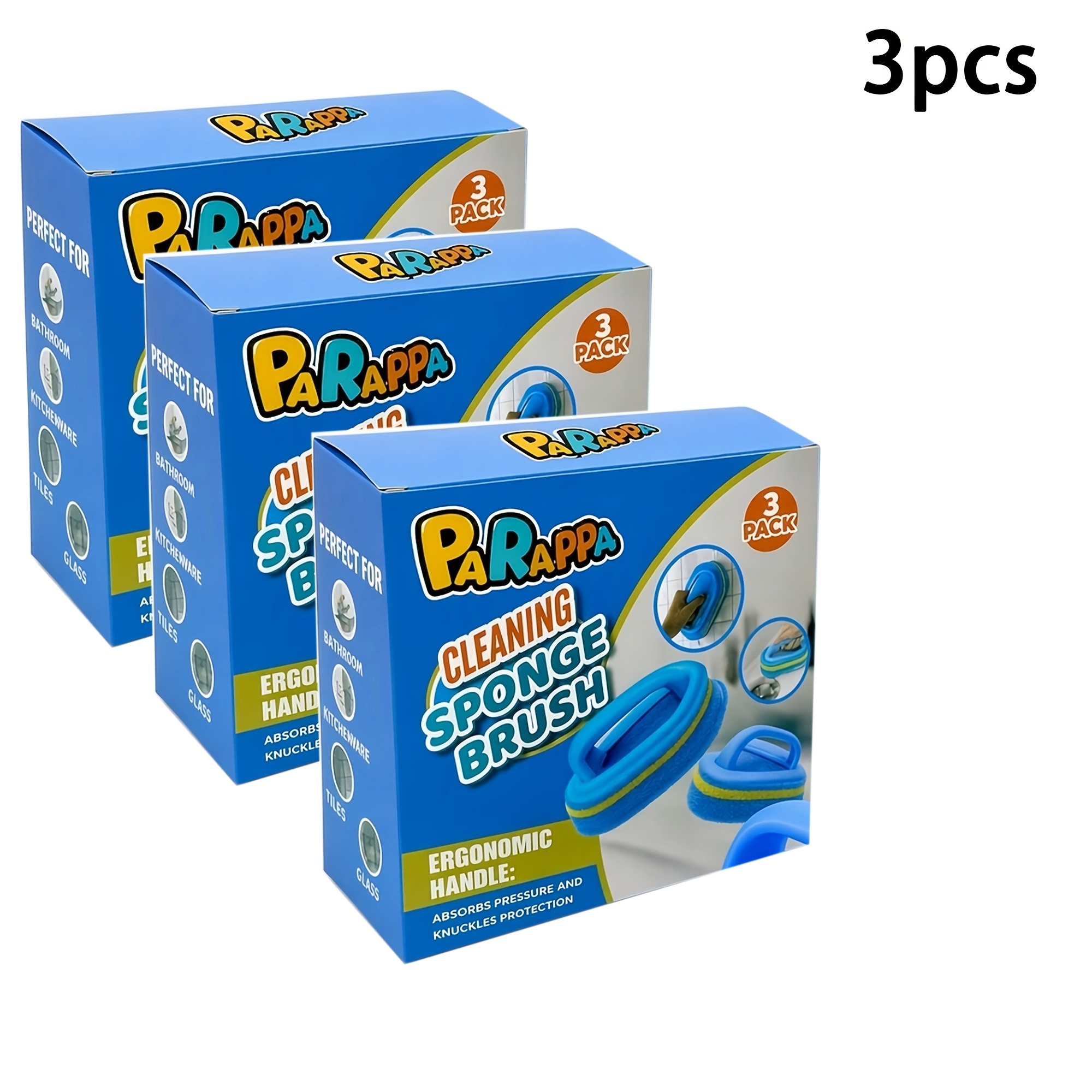 TEMU 3pcs Ergonomic Handle Sponge Brush, Household Kitchen Cleaning Scrub Sponge Brush, Dual-sided Dish Scrubber, Non-scratch Scrub Sponge, Sink &
