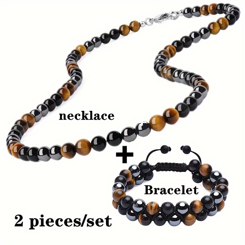 

2 Pieces/set, 8mm Imitation Natural Stone Necklace And Men's Fashionable Luxury Double-layer Woven Tiger Bead Bracelet - Eye, Black And Hematite, Suitable For Men And Women, Ideal For Gift