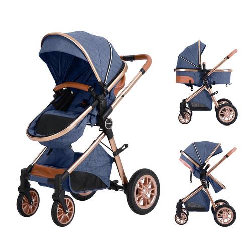 foldable baby stroller shock absorption all terrain tires reversible push adjustable handlebar large sun canopy storage basket lightweight durable polyester frame for park grey blue black