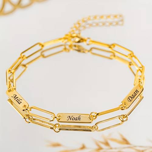 1 gouden/zilveren gepersonaliseerde damesmodearmband met familienaam, kan gegraveerd met 1-5 namen, gepersonaliseerde prachtige armband met initialen, 18k verguld rvs materiaal, verstelbare kettinglengte, ideaal cadeau voor vriendin, , familie, vrienden, dochter