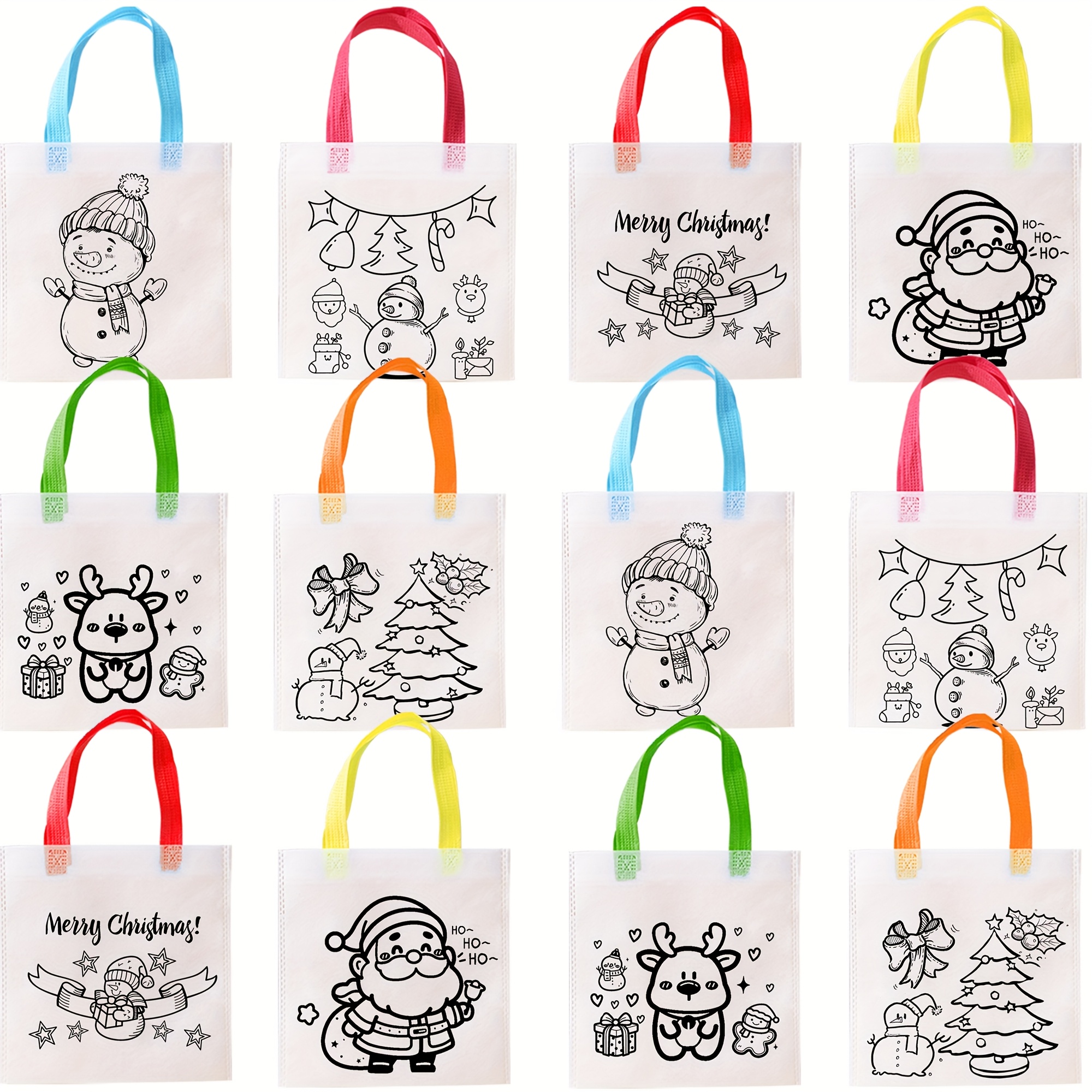 12 Christmas Diy Coloring Gift Bags 20x20cm – 6 , Unfinished White Non-woven Bags With Colored Handles, Fun Holiday Craft Project