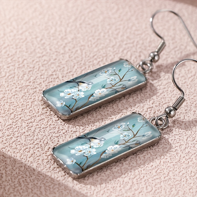 Vintage Floral Bird Painting Rectangular Hook Dangle Earrings
