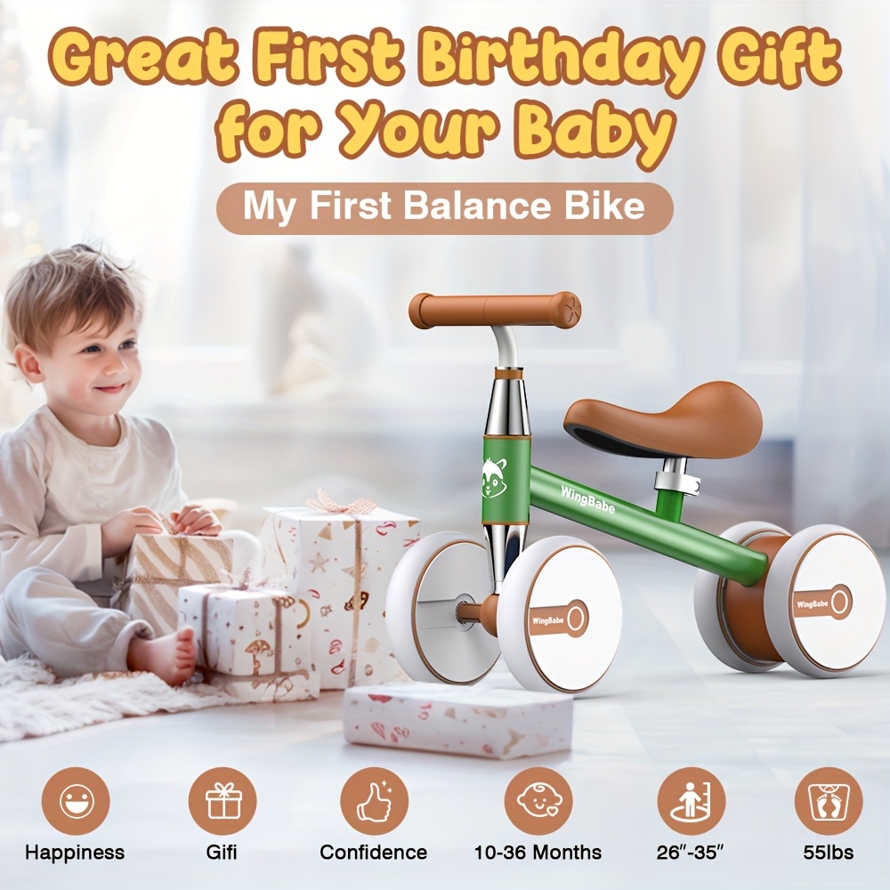 Baby Balance Bike for Toddlers 10-36 Months, 4-Wheel First Ride Bike for Boys and Girls, Multiple Colors