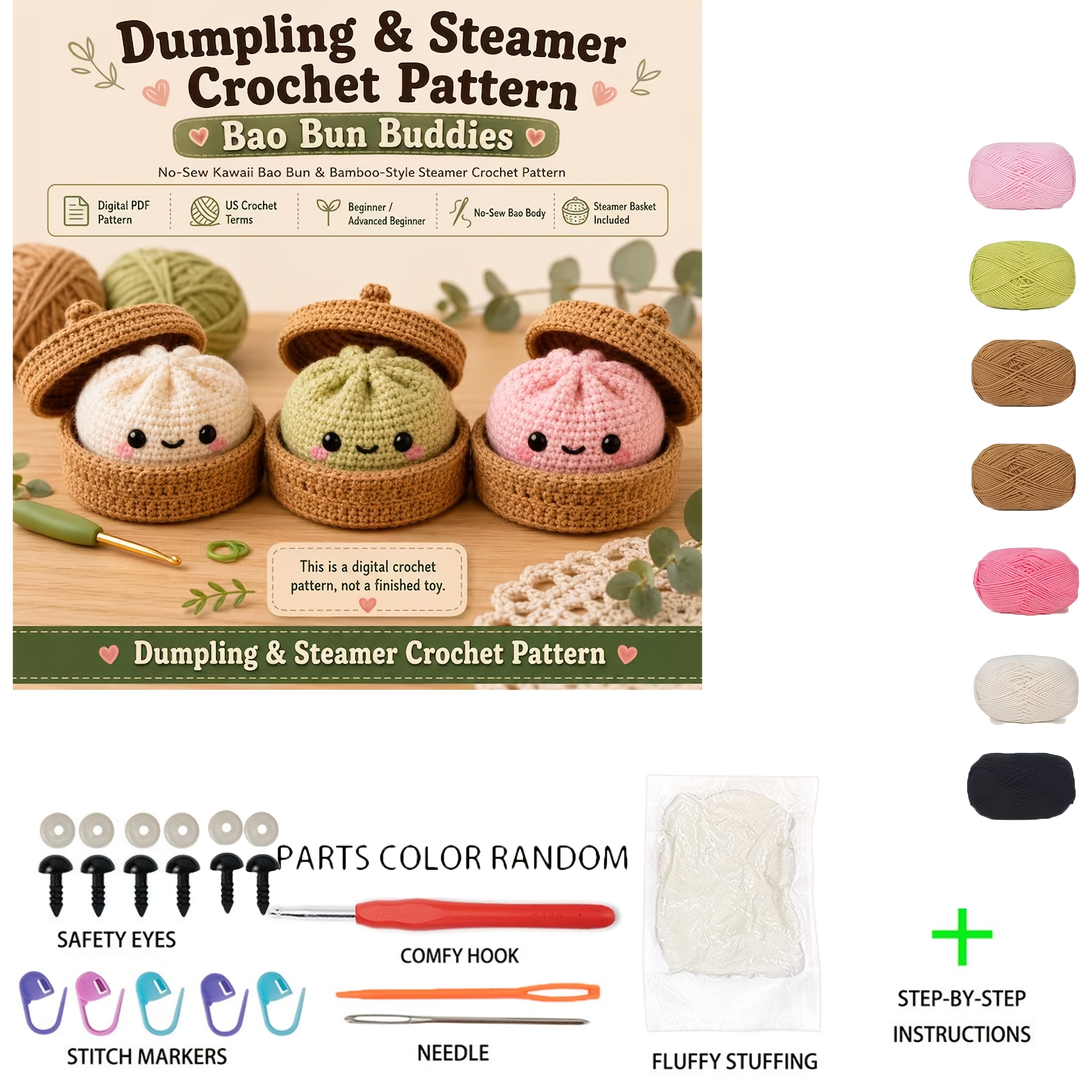 TEMU Kit de matériel de pour raviolis à la vapeur, crochet créatif | avec tutoriel d'instructions de production | Inclut crochet et fil de couleur et