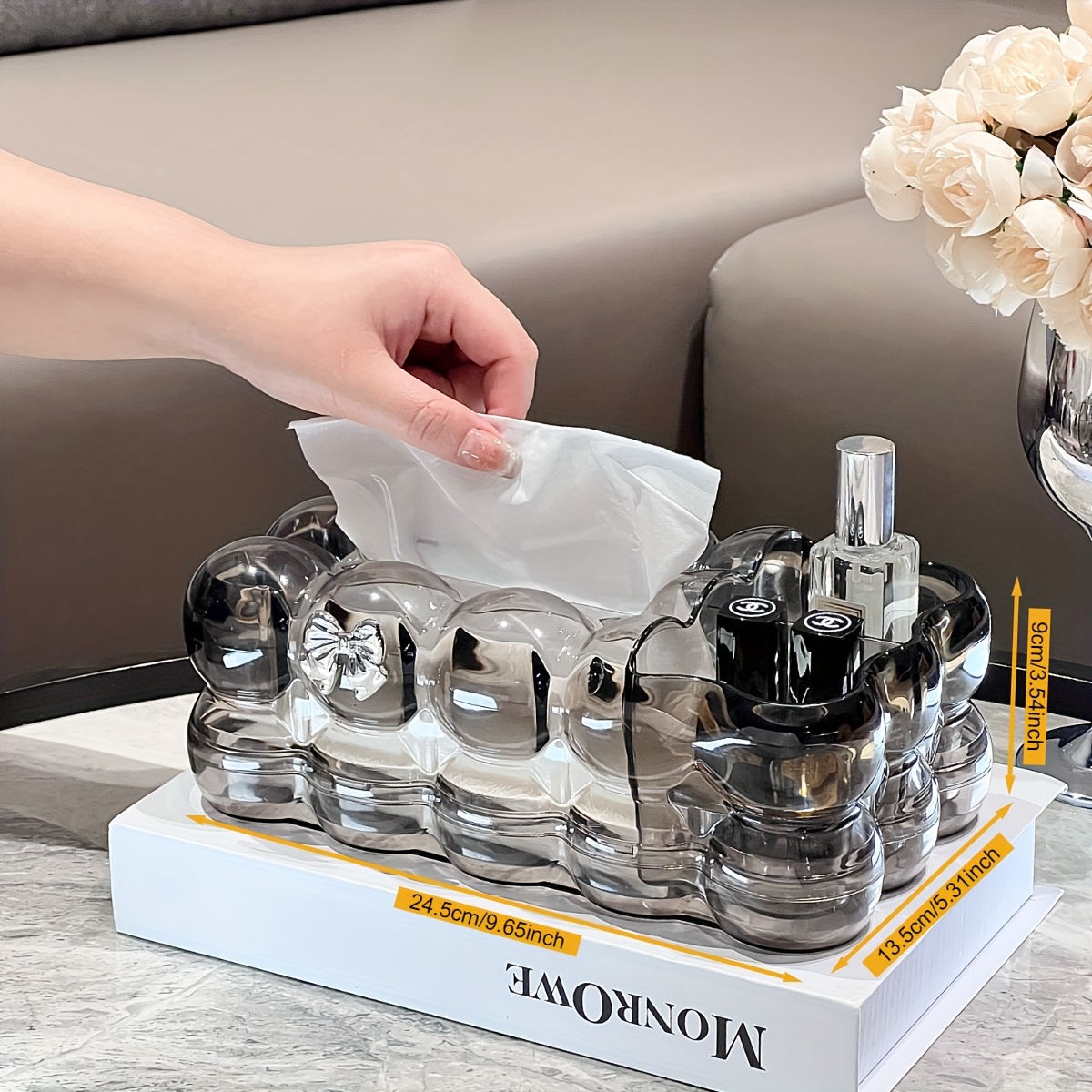 1pc elegant clear plastic tissue box holder with two storage compartments and rabbit accents cloud shaped home decor storage box for living room bedroom office kitchen and dining area storage and decor Product details 1