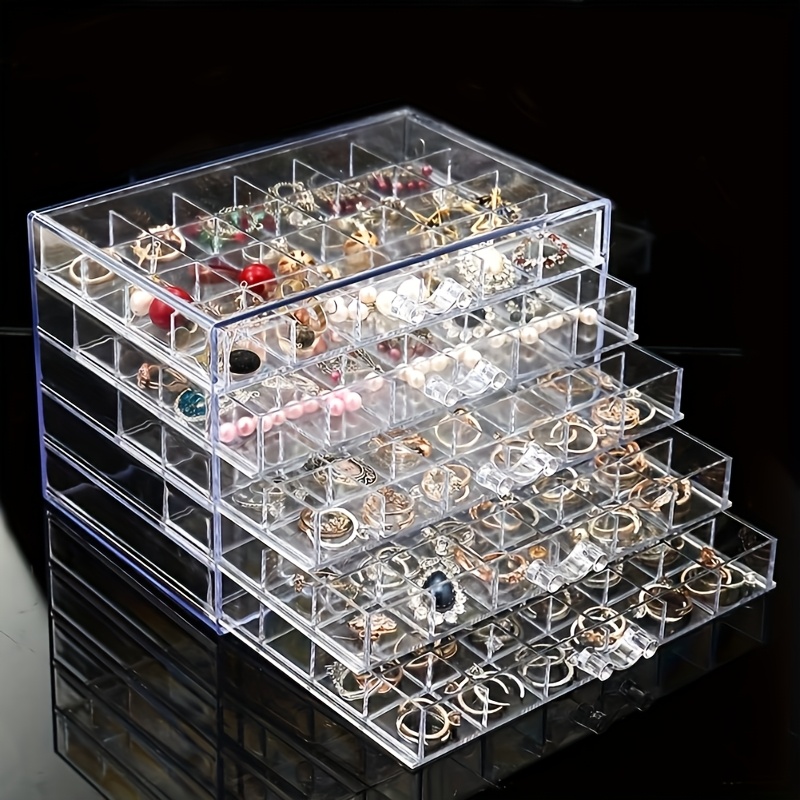 TEMU Boîte de Rangement à 5 Tiroirs en Acrylique pour Boucles d'Oreilles et Bijoux avec 120 Petits Compartiments - Présentoir Transparent à Tiroirs