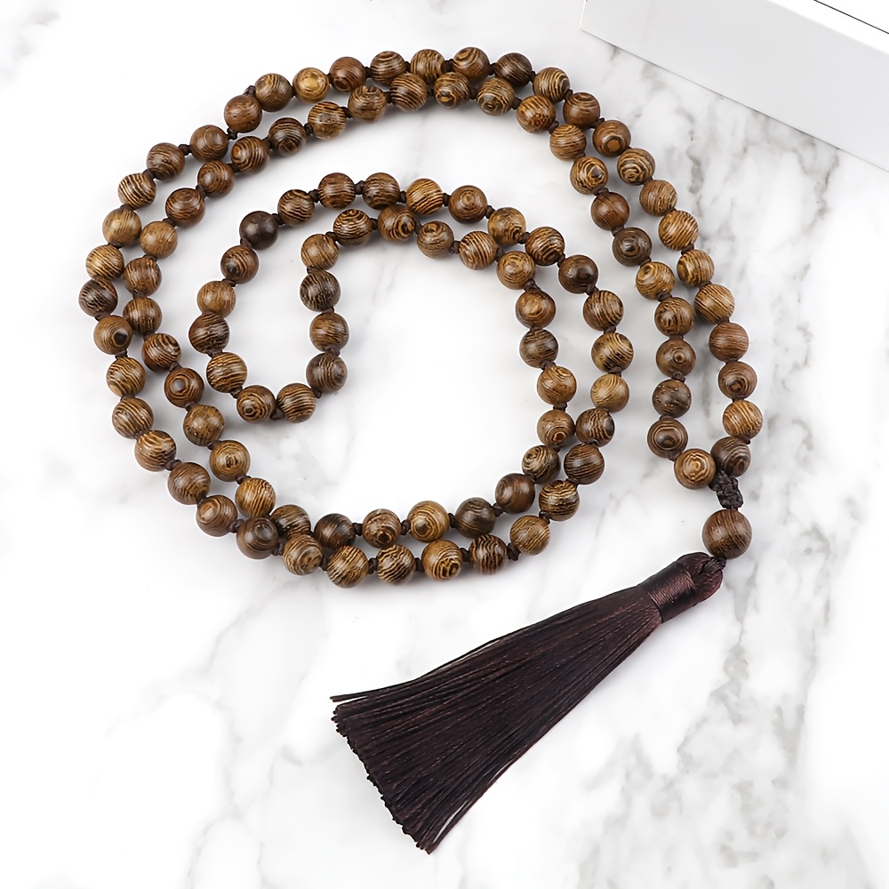 TEMU 1pc Collier Bohème 108 Perles Vacances d'Été Long Tissu en Bois Pendentif Bijou Polyvalent pour Hommes et Femmes Cadeau de Noël Bénédiction