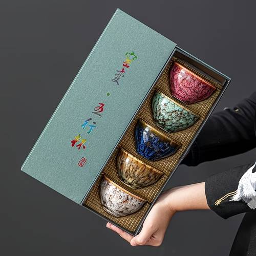a set of handmade ceramic teacups five pieces kiln five element fu teacups in five stylish colors beautifully designed gift box suitable as friends and elders