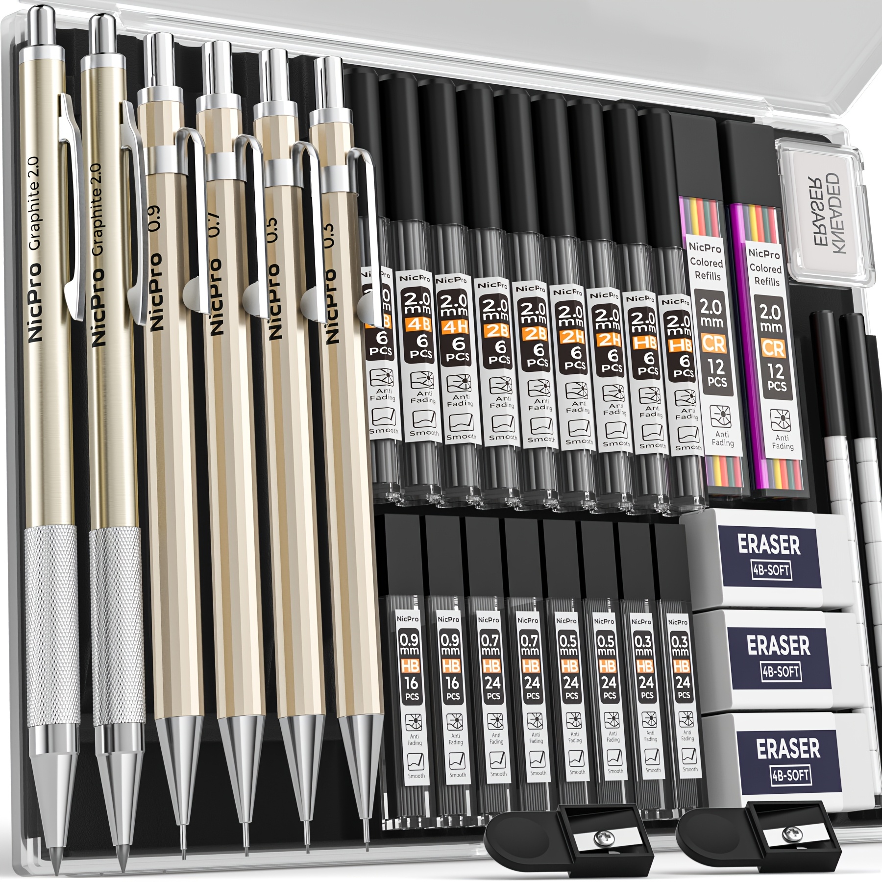 Image of 6pcs Art Mechanical Pencil Set, Metal Drafting Pencil 0.m And 0.5mm And 0.7mm And 0.9mm And 2pcs 2mm Lead Holder (6b 4b 2b Hb 2h 4h Colors) For Sketching Drawing With 19 Tube Lead Refills Case