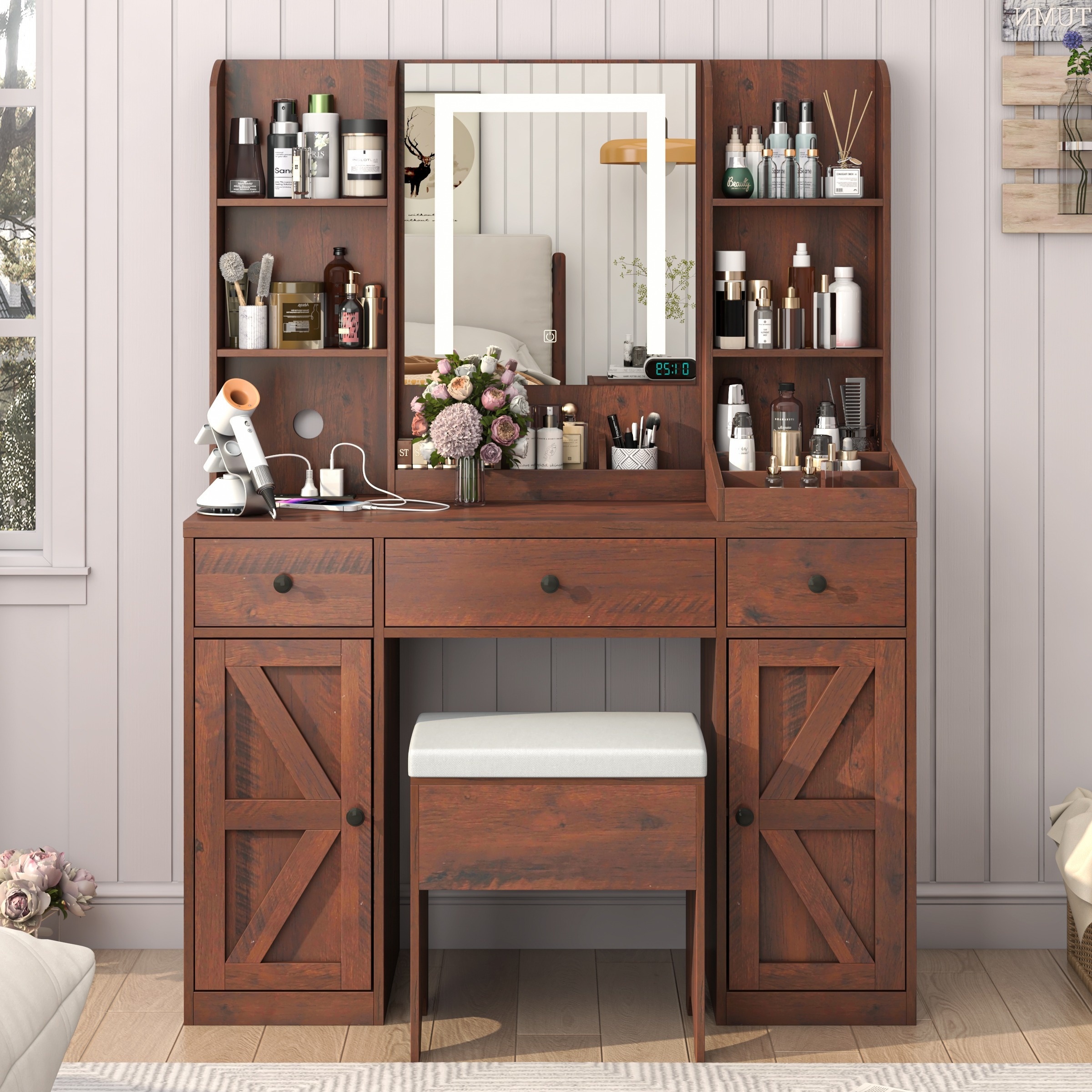 43 Vanity Table Make up Desk w Mirror and Lights Rustic LED Vanity Set Farmhouse Vanity Desk w Outlet Stool 11 Storage Shelves 3 Drawers 2 Big Cabinets