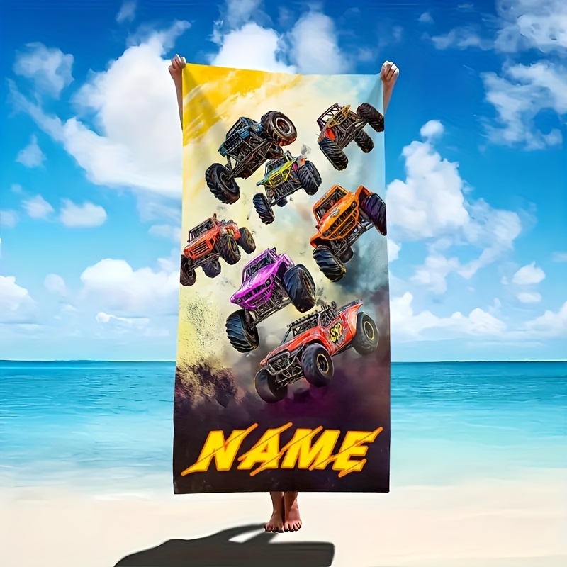 TEMU 1 Customizable Name Beach Towel, Monster Truck Pattern Beach Towel, Lightweight Quick-dry Beach Towel, Summer Beach Sand-proof Blanket, Large