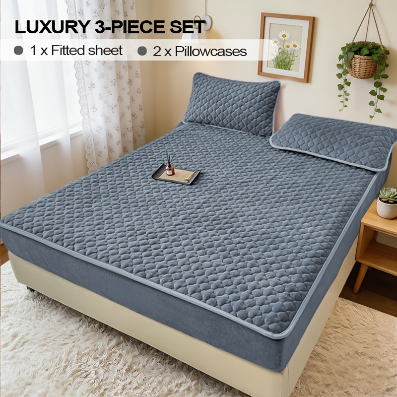 Image of 3pcs Soft And Comfortable Milk Velvet Fitted Sheet And Pillowcase Set, Quilted Thickened Fitted Sheet And Pillowcase Set, Good , Fitted Sheet Height 30cm, Quilted Fitted Sheet
