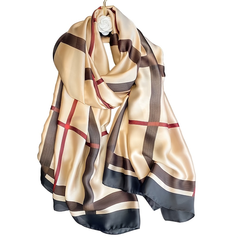 

1pc Elegant Polyester Scarf For Women - 100% Polyester, Non-stretch, Khaki Striped Print, Casual Outdoor Shawl, Breathable, , Sun Protection, Long Fashion Accessory