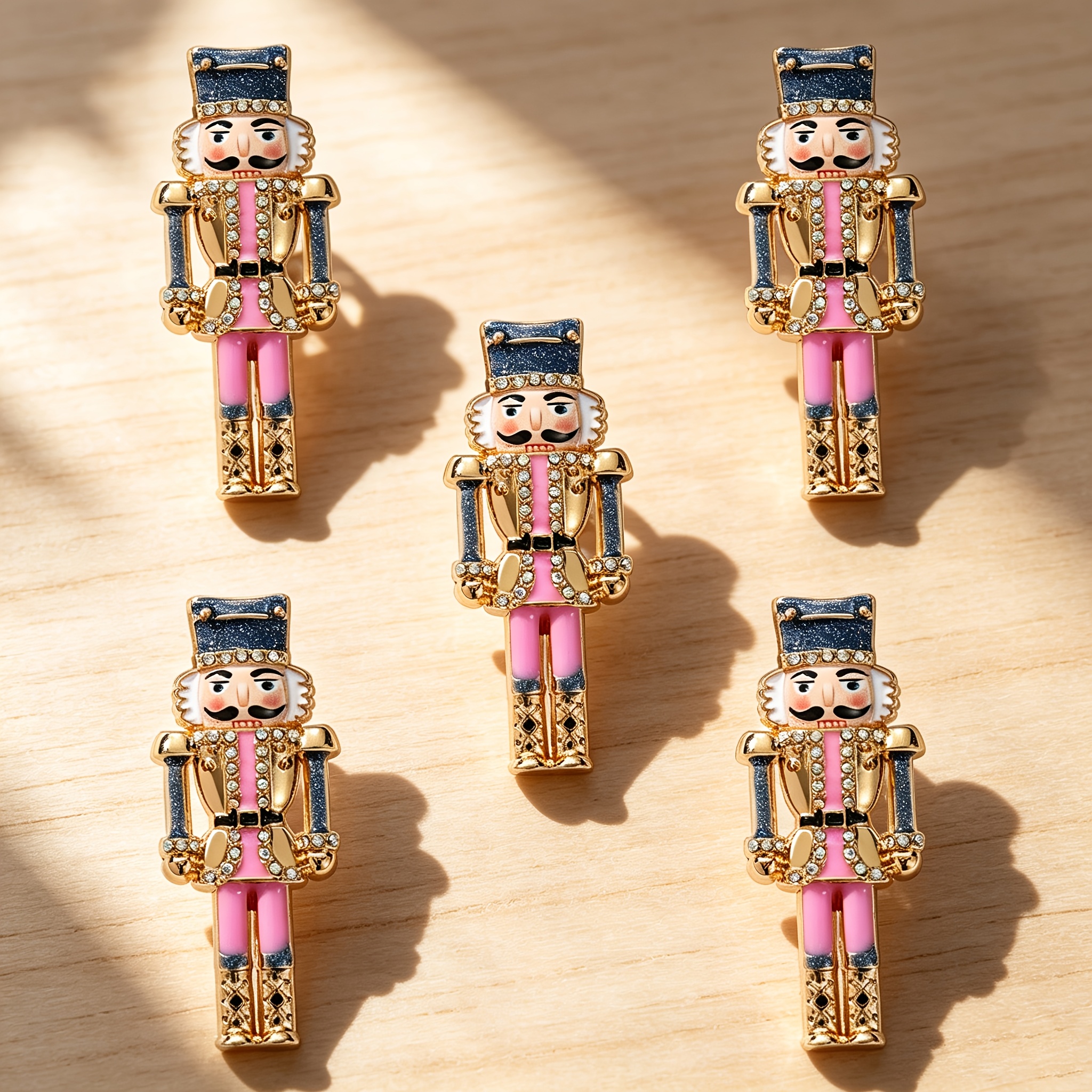 TEMU 5pcs/set Solevdo Enamel Rhinestone Brooch, Pink Dark Blue Shiny Nutcracker Soldier Inlaid Crystal Retro Christmas Decor Accessory, Jacket Scarf