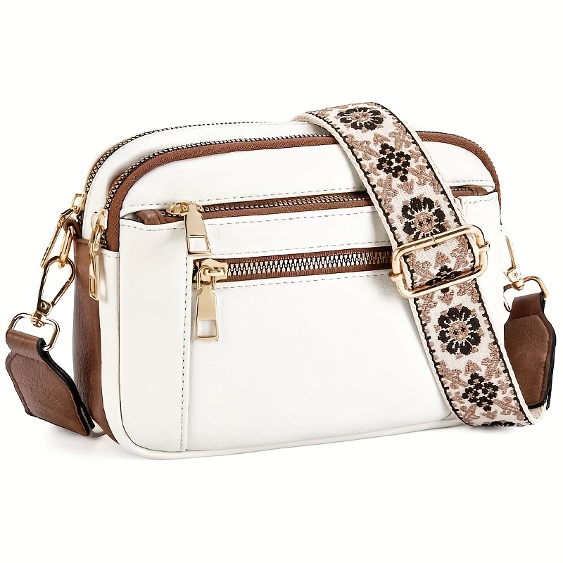 TEMU Vintage Embroidered Crossbody Bag With Wide Adjustable Straps, Featuring A Soft Texture And Multi-zipper Layered Design For Practicality And .