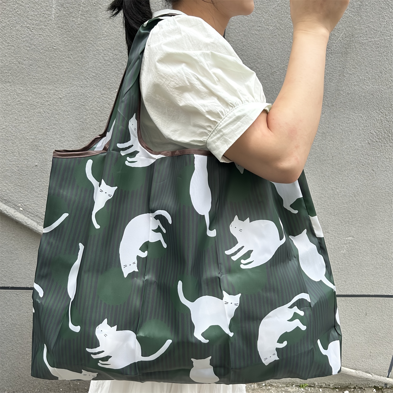 Image of Spacious Cat Pattern Nylon Tote - Easy To Carry, Compact, Suitable For Shoulder Or Hand Use, Green And Scheme, Sturdy And Fashionable For Shopping Or Daily Tasks