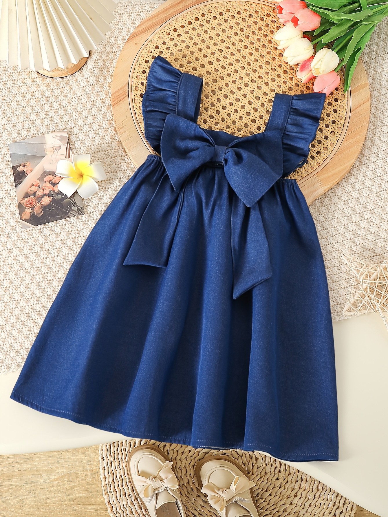 princess polly baby blue dress Sheer Neck Navy Blue Chiffon Wedding Flower Girl Dress, Beaded Belt 1T --- Chest = 20 inches/ Waist = 19 inches/ Hollow to Knee = 20.5 Inches main image 1