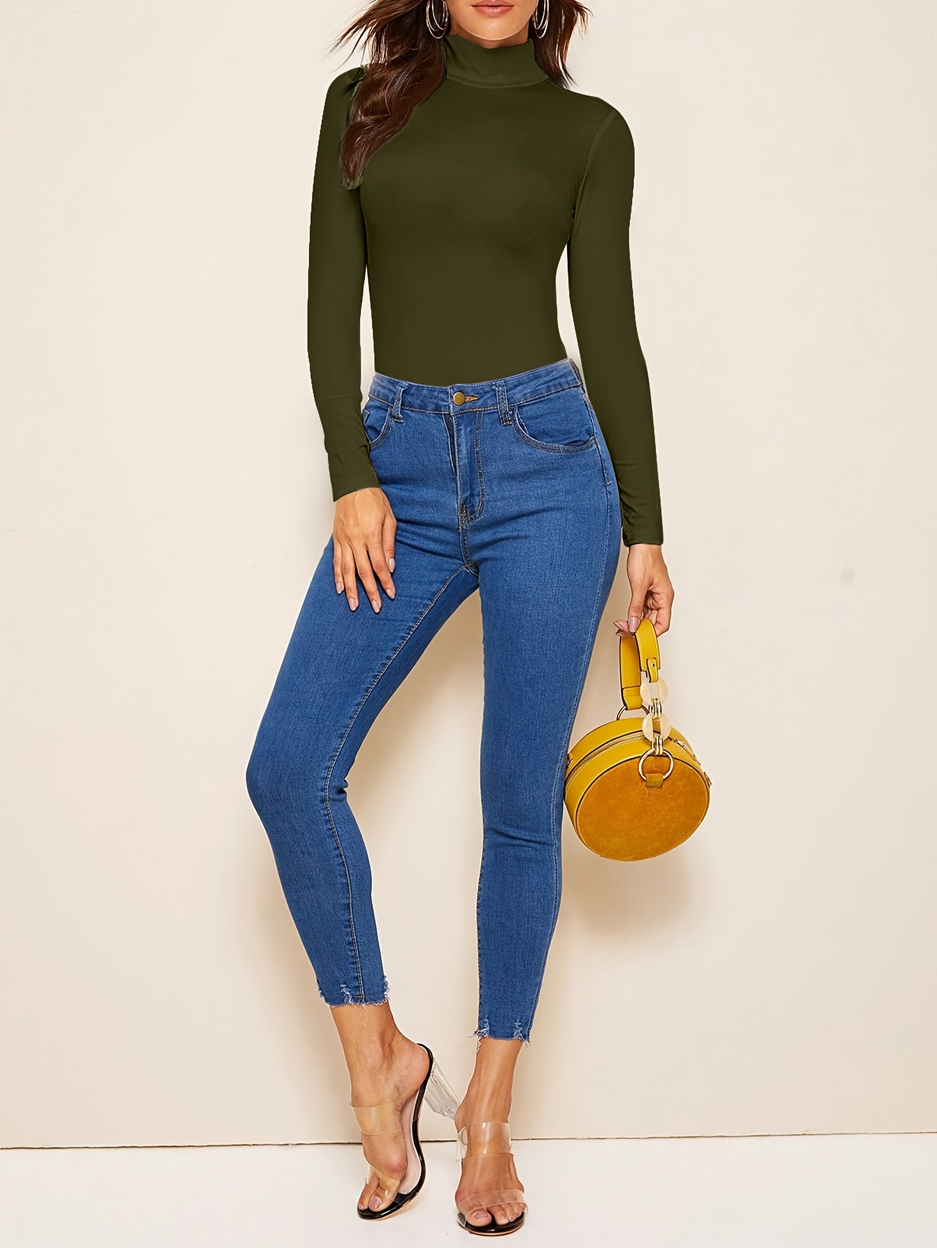 Solid Color Mock Neck T-Shirt, Versatile Long Sleeve T-Shirt For Spring & Fall, Women's Clothing