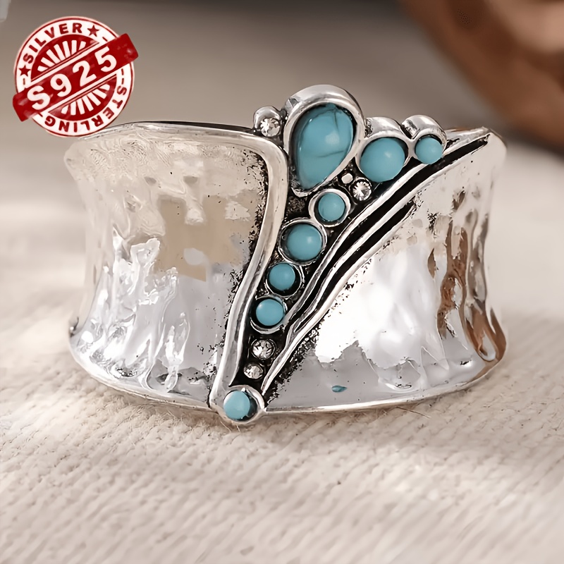 TEMU S925 Turquoise Women's Wide Ring, Featuring A Vintage Silvery Surface With Handmade Hammer Texture. Water And Round Turquoise Beads Are In A