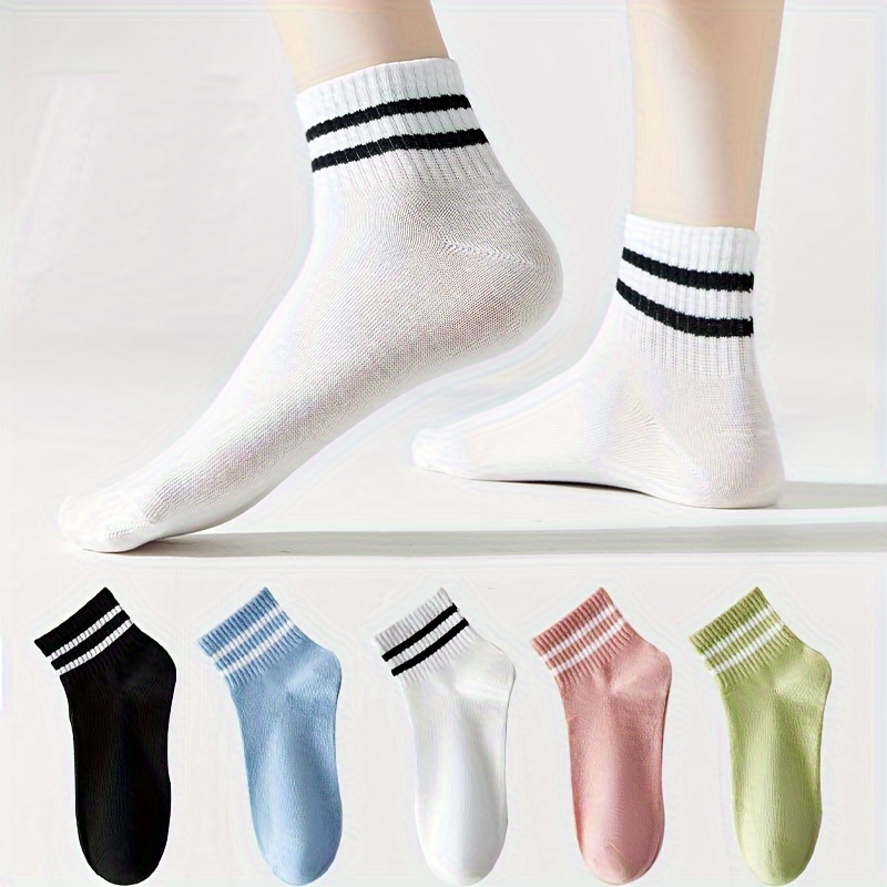 

5 Pairs Striped Print Socks, Simple & Breathable Short Socks, Women's Stockings & Hosiery