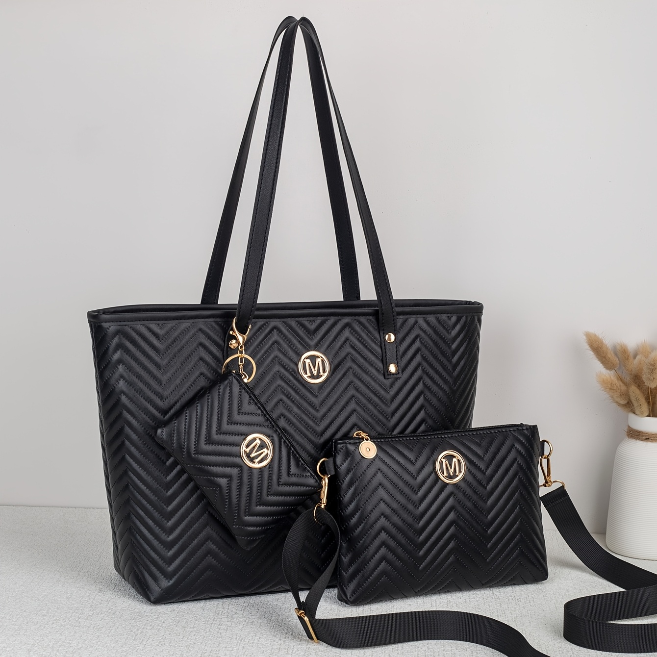 TEMU Ensemble de 3 sacs pour femmes à motif chevrons, grand sac à bandoulière de transport avec pochette à bandoulière et porte-monnaie