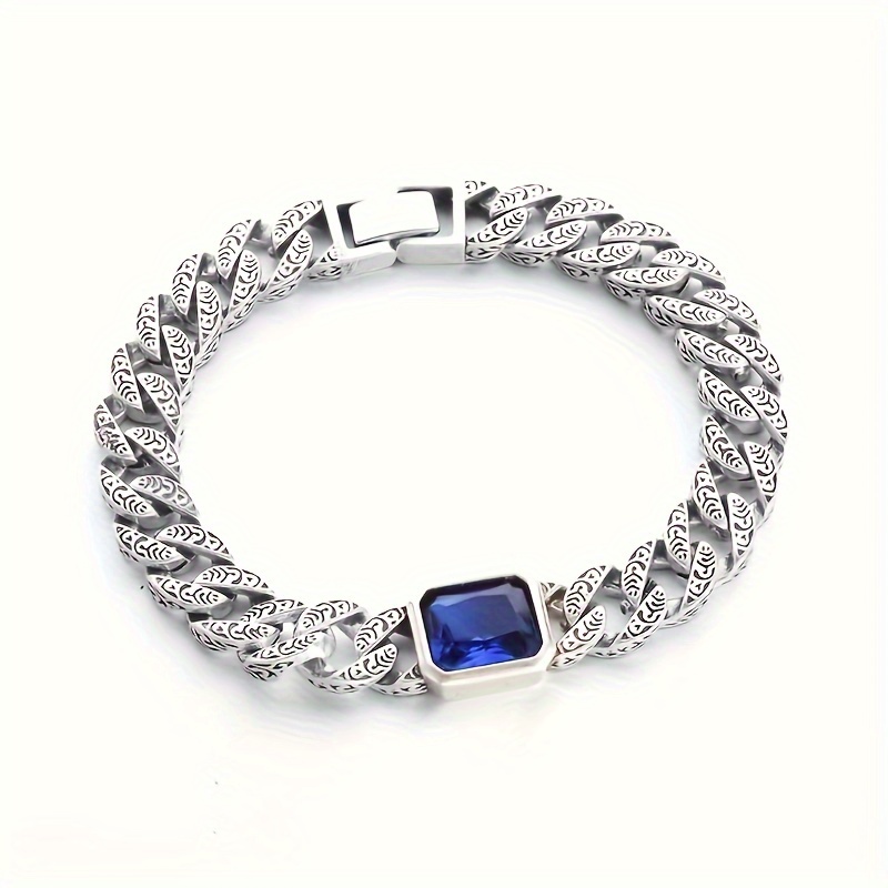 A Vintage Blue Synthetic Inlaid Cuban Bracelet Featuring Arabic-style Patterns, Suitable For Men, Is A Fashionable And Versatile Accessory, Perfect As A Gift For A Boyfriend