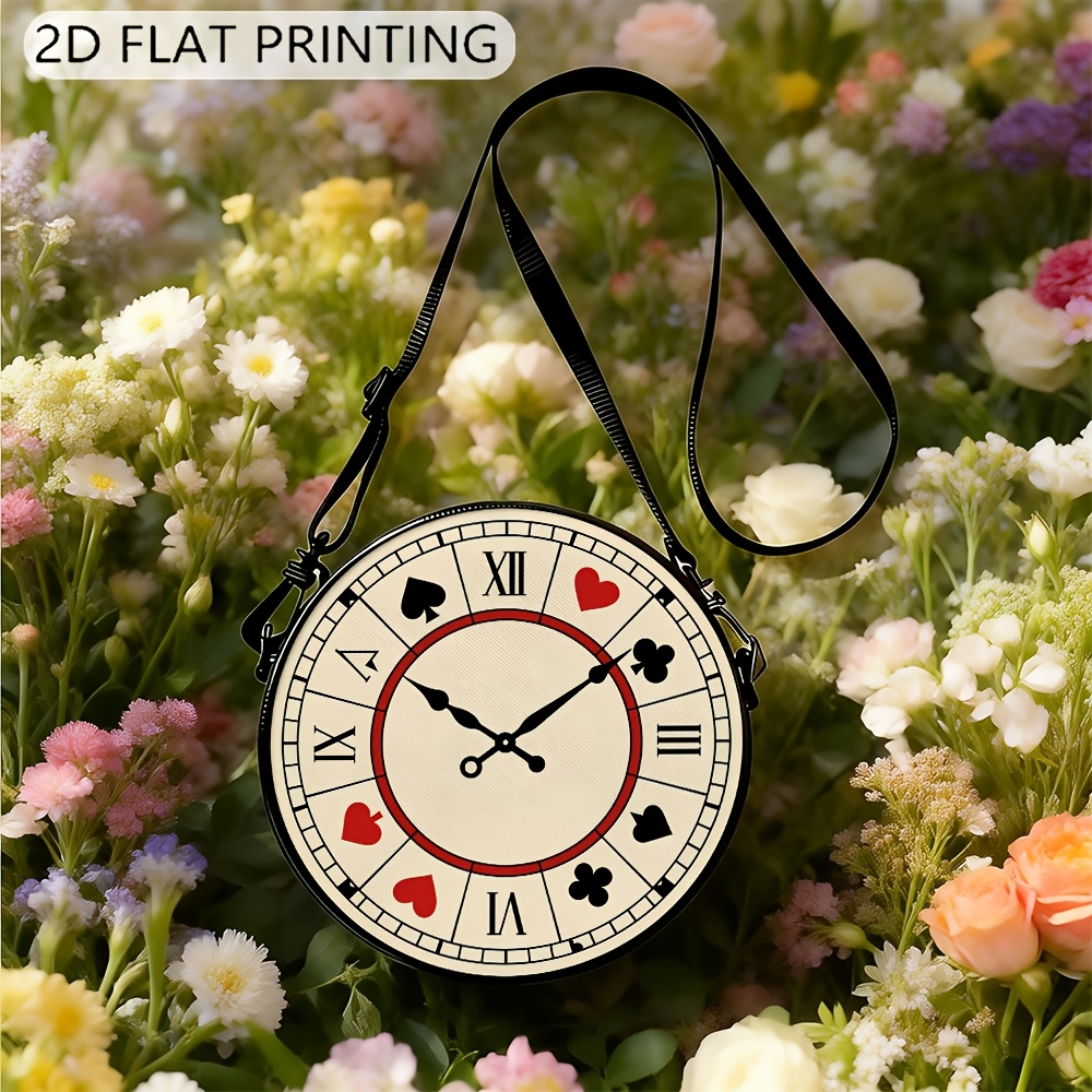 TEMU 1pc Holiday Playing Card Clock Inspired Round Crossbody Bag - Flexible Adjustable Strap Shoulder Purse For Daily Use Shopping And Outdoor