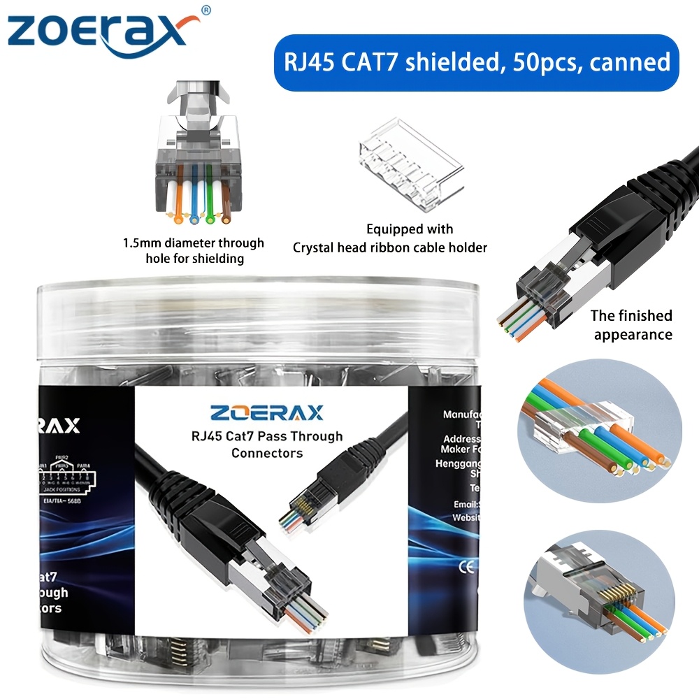 TEMU Zoerax 50pcs Cat7 Rj45 Pass-through Shielded Connectors, 1.5mm Large Hole Sftp Modular Plugs With Cable Separator, Bottled Pack For Gaming, Home