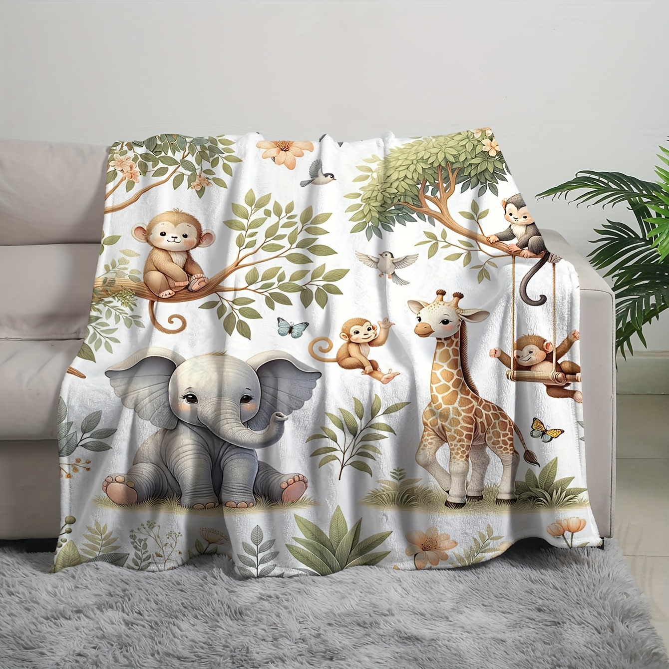 Watercolor Jungle Elephant and Giraffe Flannel Blanket