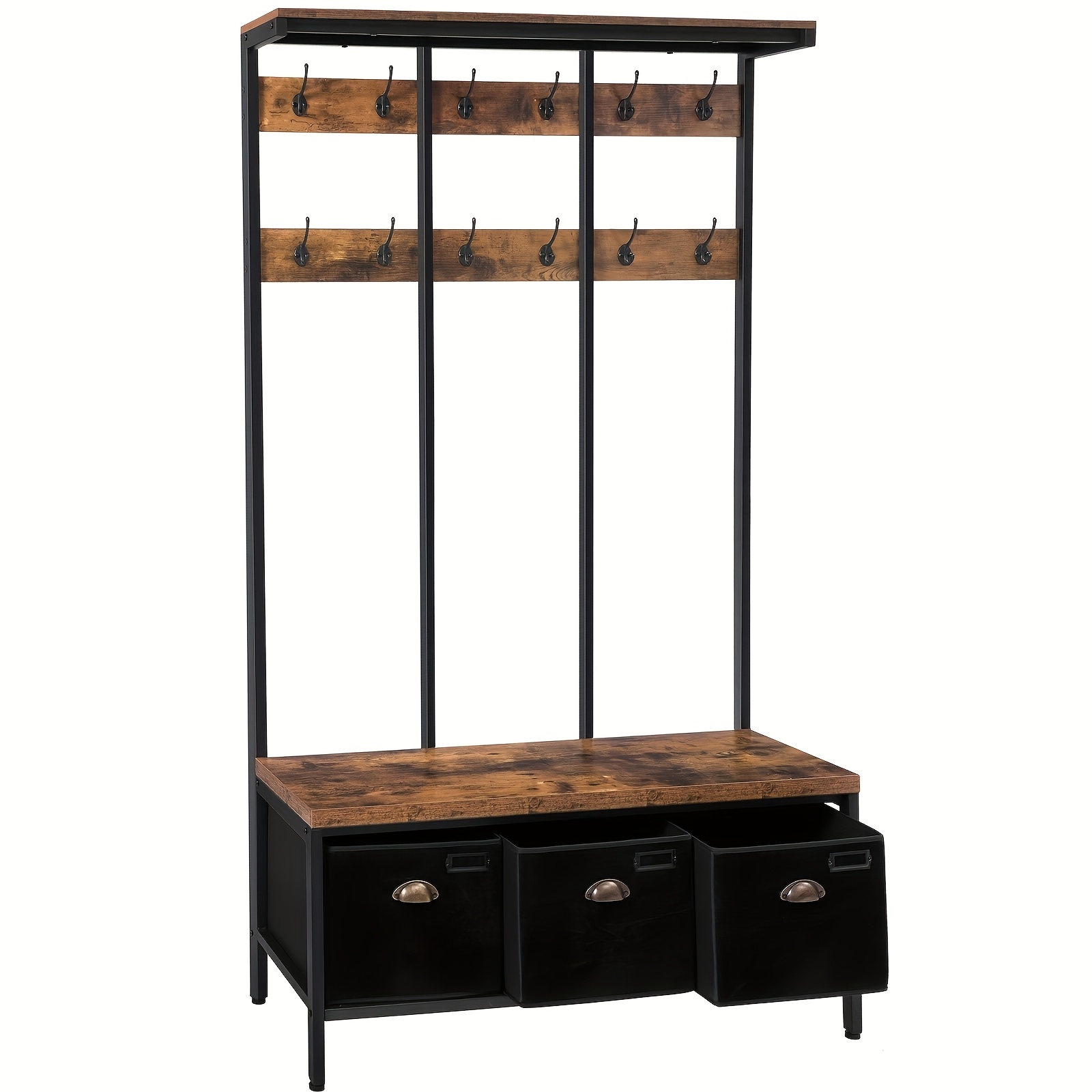 TEMU Retro Style Clothing Rack With 12 Hooks And 3 Storage Boxes - Multifunctional Shoe Bench, Suitable For Entryway, Living Room, And Bedroom -