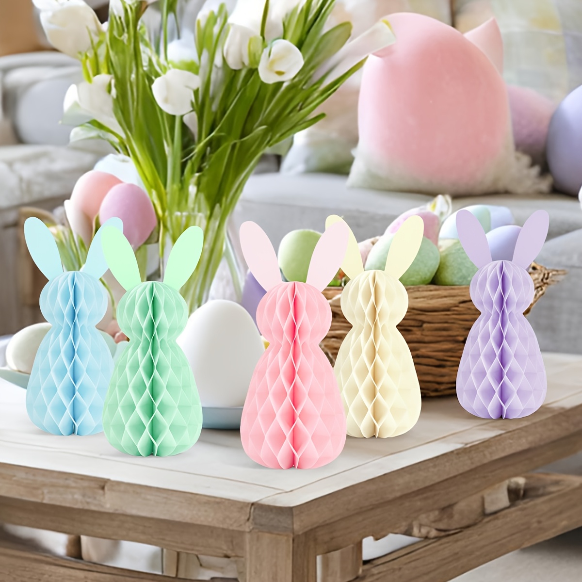 Image of 5-pack Easter Bunny Honeycomb Balls Party Supplies Set, Easter Party Table Centerpiece Decor Birthday Arrangement Hanging Ornament